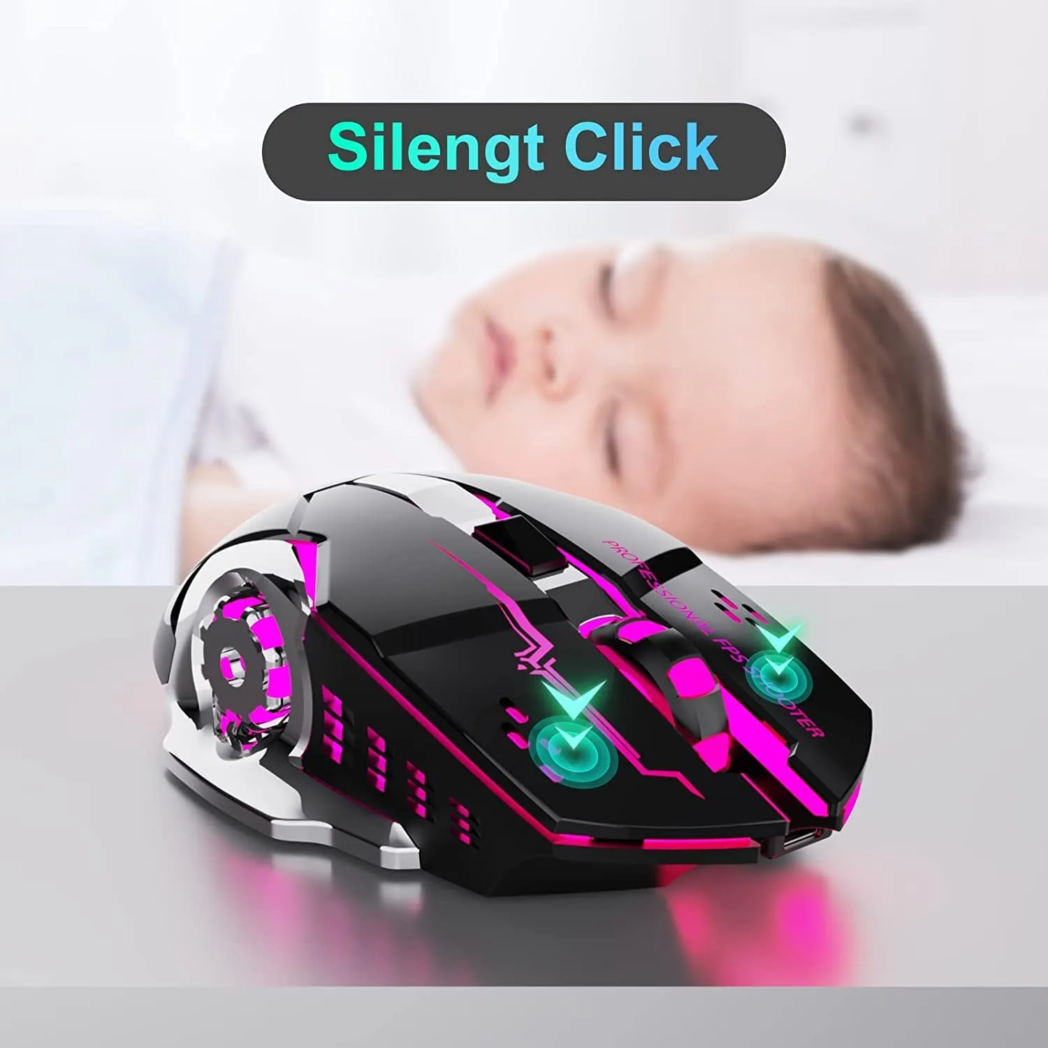 QELIROKY New 2.4G Wireless Rechargeable Gaming Mouse Silent Click with 6 Buttons, 3 Adjustable Levels DPI , Colorful LED Lights for Laptop, Ipad, Macos, PC, Windows, Android (Black)