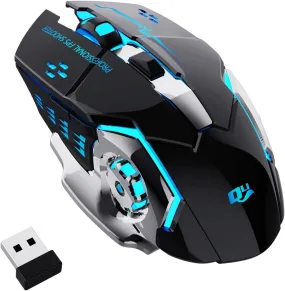 QELIROKY New 2.4G Wireless Rechargeable Gaming Mouse Silent Click with 6 Buttons, 3 Adjustable Levels DPI , Colorful LED Lights for Laptop, Ipad, Macos, PC, Windows, Android (Black)