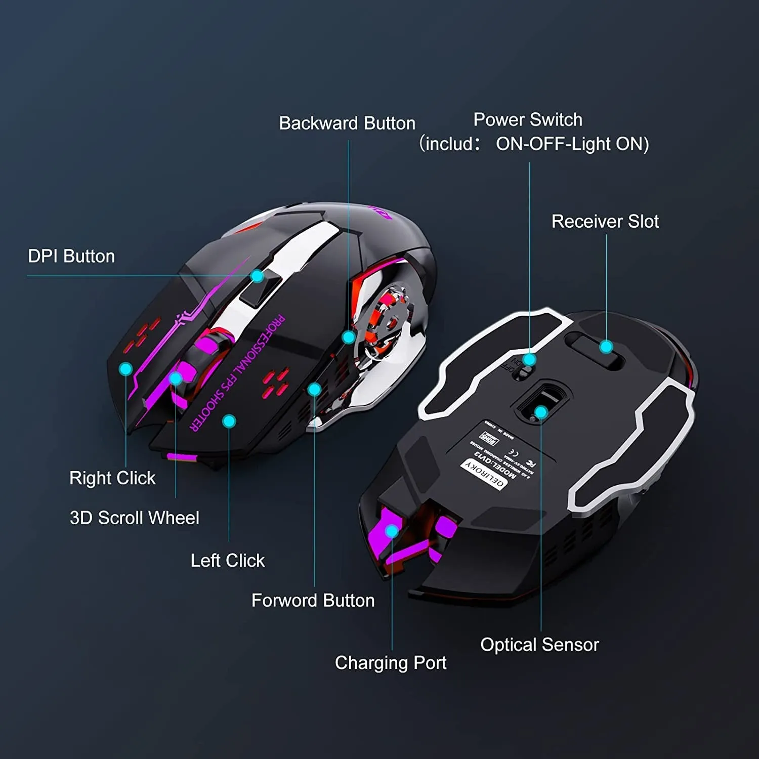 QELIROKY New 2.4G Wireless Rechargeable Gaming Mouse Silent Click with 6 Buttons, 3 Adjustable Levels DPI , Colorful LED Lights for Laptop, Ipad, Macos, PC, Windows, Android (Black)