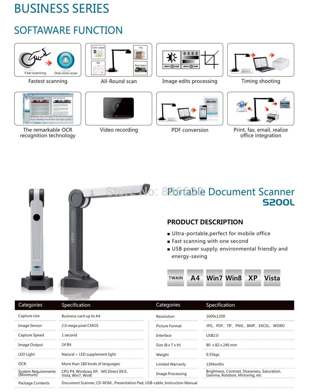 S200L High Speed Portable Document Scanner with 2MP Camera & A4 Size Scanning 180 languages OCR