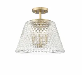 Saben Semi-Flush Mount Fixture - Vintage Brass - Clear Woven Lattice Glass - 15in. Diameter - E12 Candelabra Base