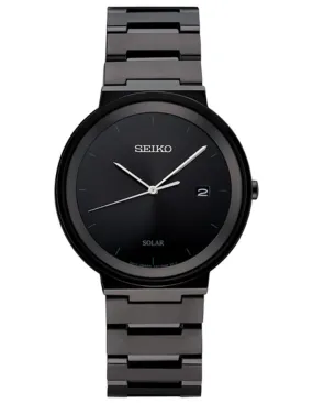 Seiko Mens Solar Essentials - Black Plated Stainless Steel - Black Dial - Date