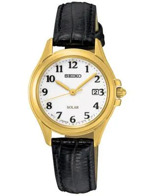 Seiko Solar Ladies Core Series Solar Watch - White Dial - Black Leather Strap