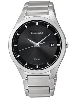 Seiko Solar Mens Date Watch - Black Dial with Steel Case and Bracelet - 50M WR