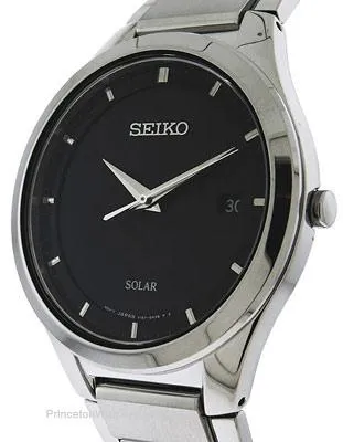 Seiko Solar Mens Date Watch - Black Dial with Steel Case and Bracelet - 50M WR