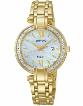 Seiko Tressia Solar Diamond Ladies Watch - Gold-Tone - Mother of Pearl - Date