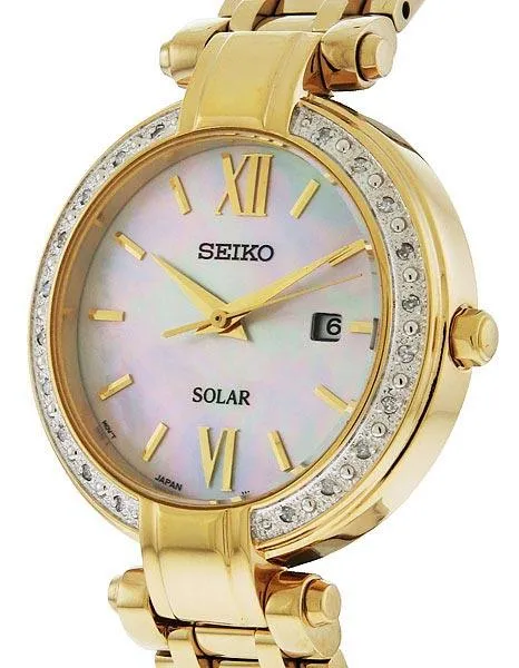 Seiko Tressia Solar Diamond Ladies Watch - Gold-Tone - Mother of Pearl - Date