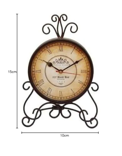 Sellplus Analog Metal Circular Table Clock Antique Clock with Stand for Home, Office (Brown)