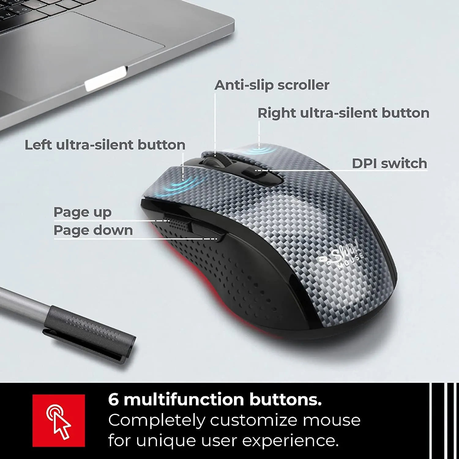 SHHHMOUSE Silent Mouse Wireless – Computer Mouse Wireless, Mouse for Laptop, Mouse USB, Mouse for Chromebook, Mouse Cordless, Mouse Inalambrico, PC Mouse, Computer Mice, Portable Mouse, Quiet Mouse