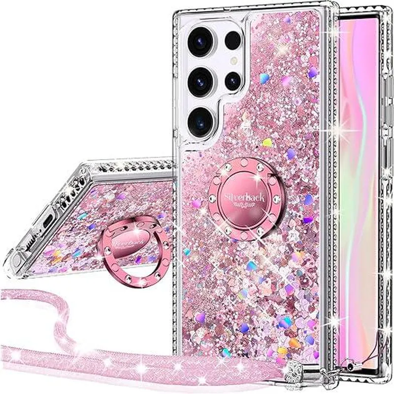 Silverback for Samsung Galaxy S24 Puls Ultra Phone Case with Ring and Lanyard Accessories,Shockproof,Women'S Shiny Holographic Glitter Sequin Cute Case,Diamond Ring Protective Phone Case for Galaxy S24 Ultra