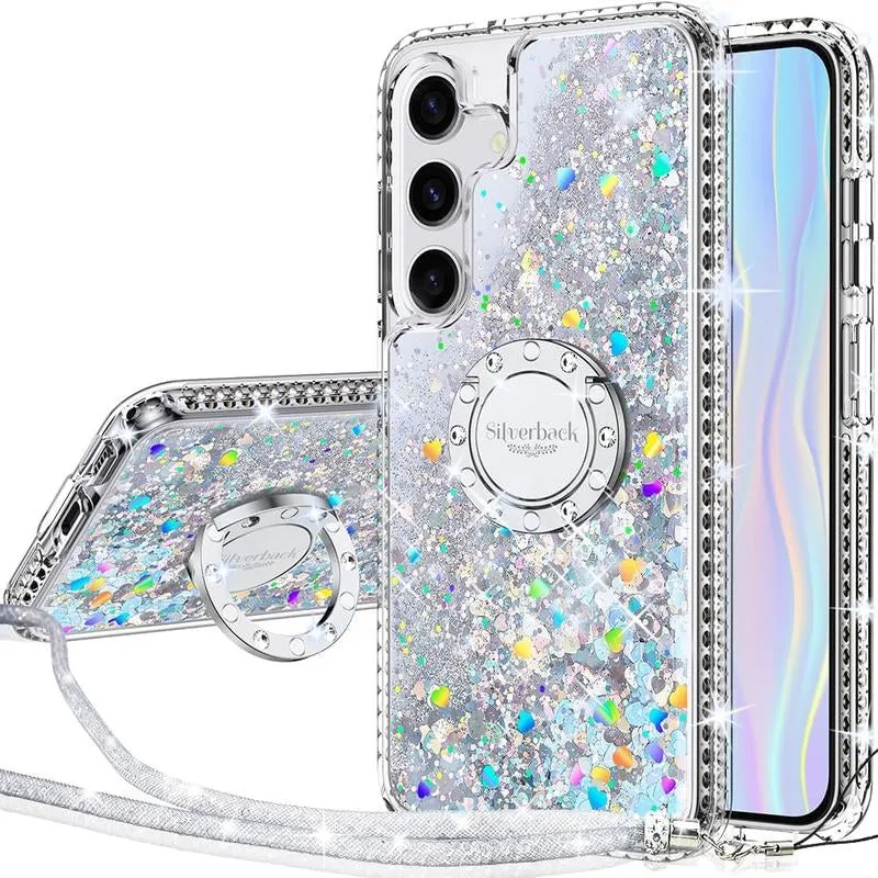 Silverback for Samsung Galaxy S24 Puls Ultra Phone Case with Ring and Lanyard Accessories,Shockproof,Women'S Shiny Holographic Glitter Sequin Cute Case,Diamond Ring Protective Phone Case for Galaxy S24 Ultra