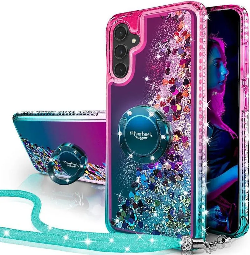 Silverback for Samsung Galaxy S24 Puls Ultra Phone Case with Ring and Lanyard Accessories,Shockproof,Women'S Shiny Holographic Glitter Sequin Cute Case,Diamond Ring Protective Phone Case for Galaxy S24 Ultra