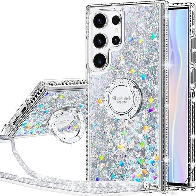 Silverback for Samsung Galaxy S24 Puls Ultra Phone Case with Ring and Lanyard Accessories,Shockproof,Women'S Shiny Holographic Glitter Sequin Cute Case,Diamond Ring Protective Phone Case for Galaxy S24 Ultra