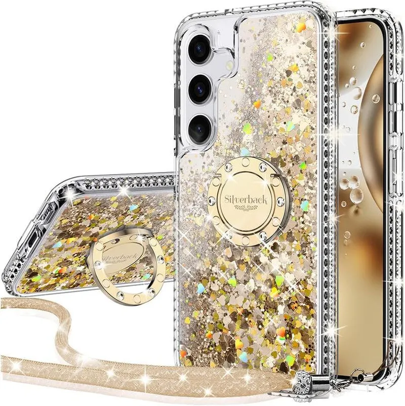 Silverback for Samsung Galaxy S24 Puls Ultra Phone Case with Ring and Lanyard Accessories,Shockproof,Women'S Shiny Holographic Glitter Sequin Cute Case,Diamond Ring Protective Phone Case for Galaxy S24 Ultra