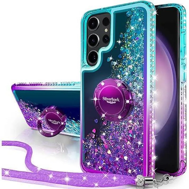 Silverback for Samsung Galaxy S24 Puls Ultra Phone Case with Ring and Lanyard Accessories,Shockproof,Women'S Shiny Holographic Glitter Sequin Cute Case,Diamond Ring Protective Phone Case for Galaxy S24 Ultra