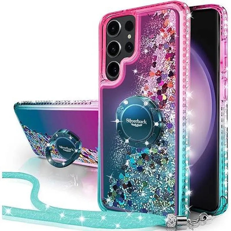 Silverback for Samsung Galaxy S24 Puls Ultra Phone Case with Ring and Lanyard Accessories,Shockproof,Women'S Shiny Holographic Glitter Sequin Cute Case,Diamond Ring Protective Phone Case for Galaxy S24 Ultra