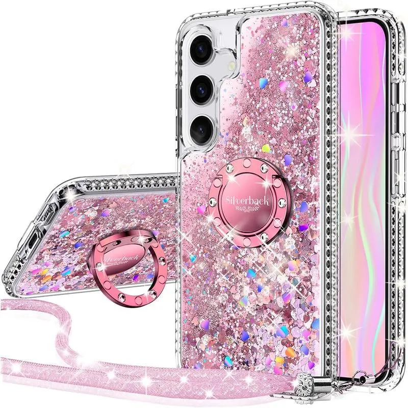 Silverback for Samsung Galaxy S24 Puls Ultra Phone Case with Ring and Lanyard Accessories,Shockproof,Women'S Shiny Holographic Glitter Sequin Cute Case,Diamond Ring Protective Phone Case for Galaxy S24 Ultra