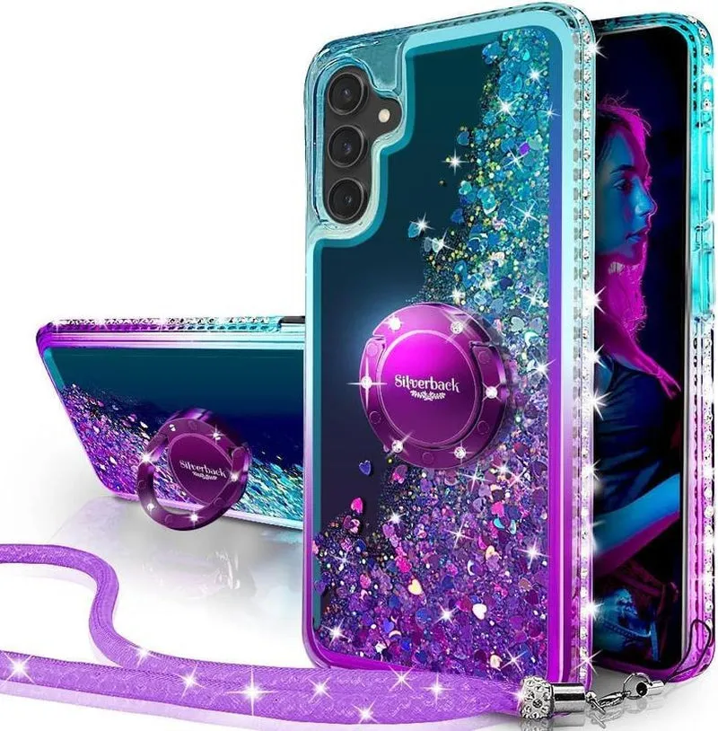 Silverback for Samsung Galaxy S24 Puls Ultra Phone Case with Ring and Lanyard Accessories,Shockproof,Women'S Shiny Holographic Glitter Sequin Cute Case,Diamond Ring Protective Phone Case for Galaxy S24 Ultra