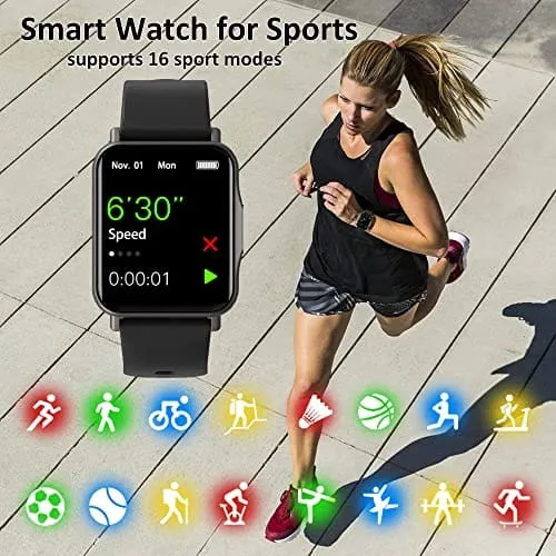 Smart Watch, Hongmed 1.69"(43mm) Fitness Watch with Temperature Blood Pressure Oxygen Monitor for Android Phones and iPhone Compatible, Waterproof Activity Tracker for Men and Women Black