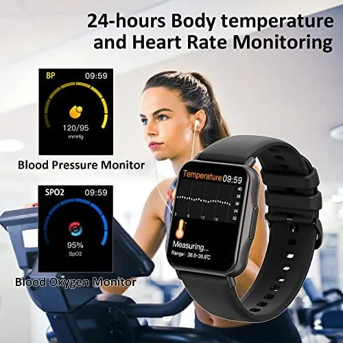 Smart Watch, Hongmed 1.69"(43mm) Fitness Watch with Temperature Blood Pressure Oxygen Monitor for Android Phones and iPhone Compatible, Waterproof Activity Tracker for Men and Women Black