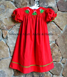 Smocked Red Corduroy Christmas Tree Bishop Dress