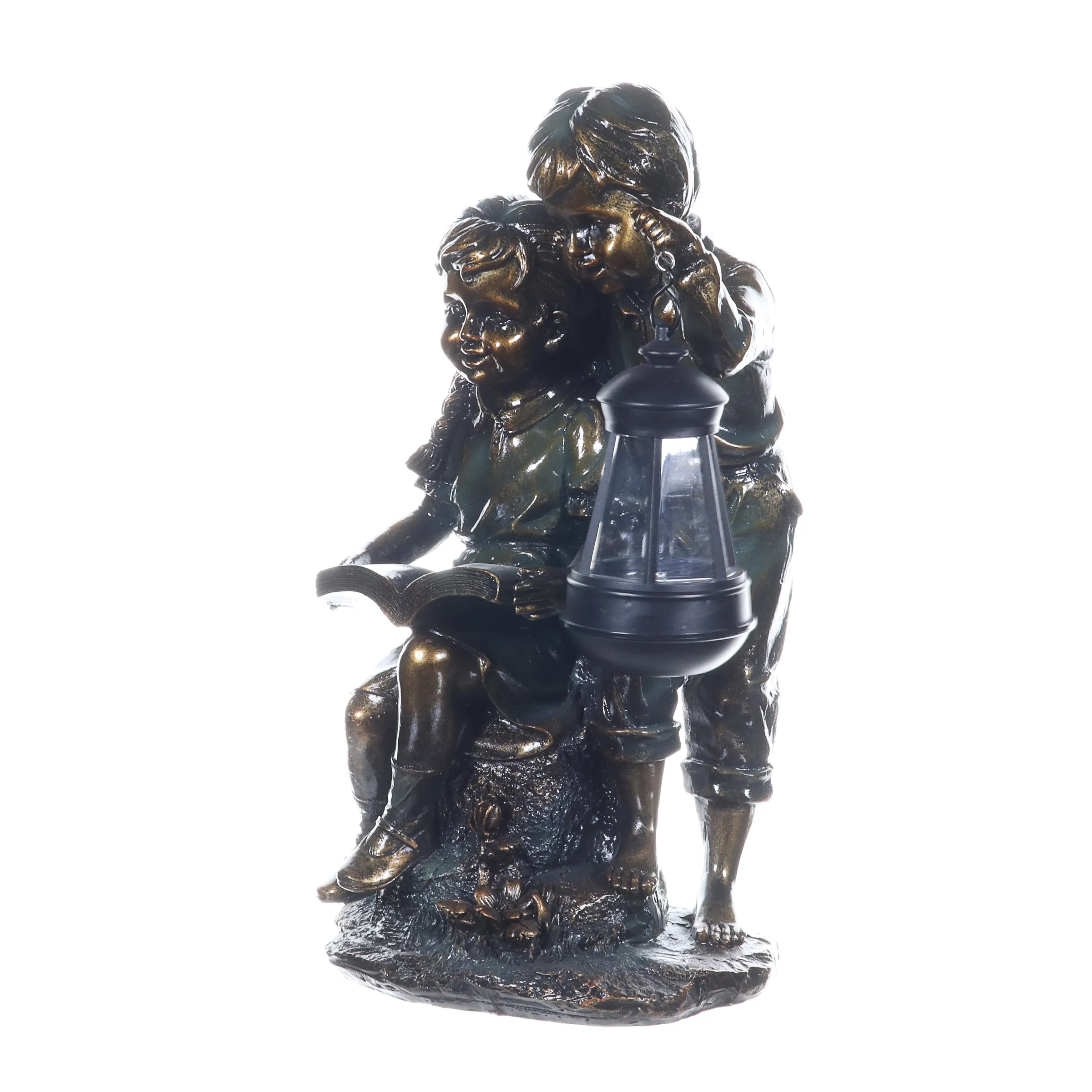 Solar Faux Bronze Boy and Girl Statue, 9 by 15 Inches