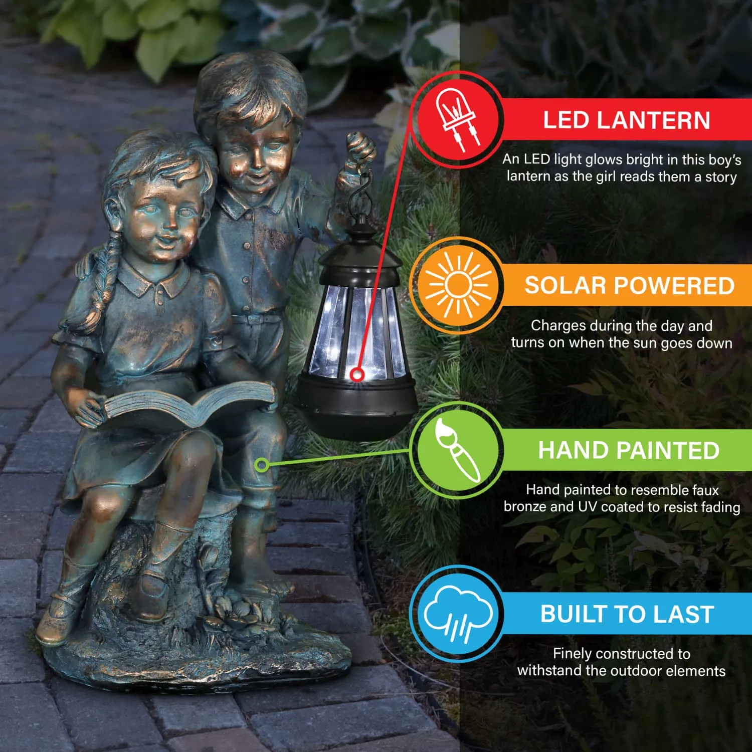 Solar Faux Bronze Boy and Girl Statue, 9 by 15 Inches