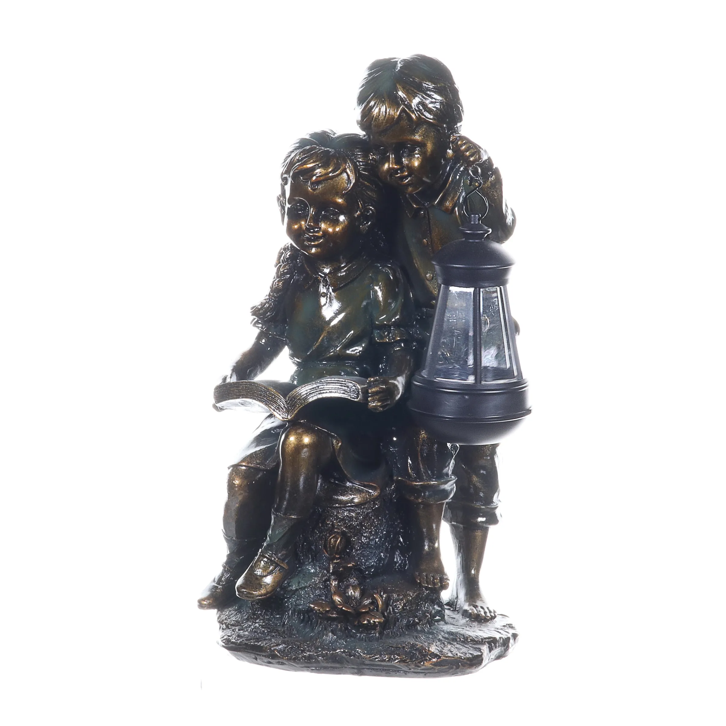 Solar Faux Bronze Boy and Girl Statue, 9 by 15 Inches