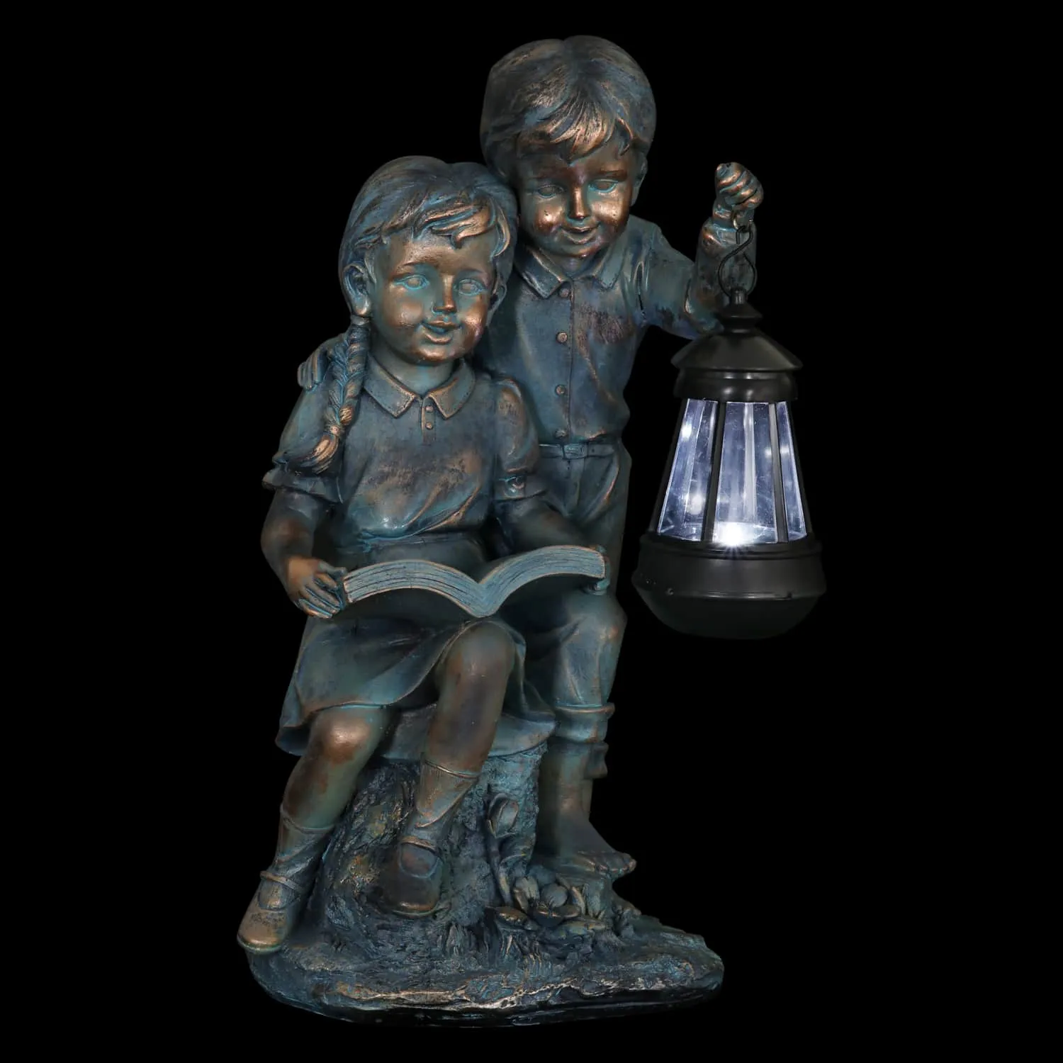 Solar Faux Bronze Boy and Girl Statue, 9 by 15 Inches