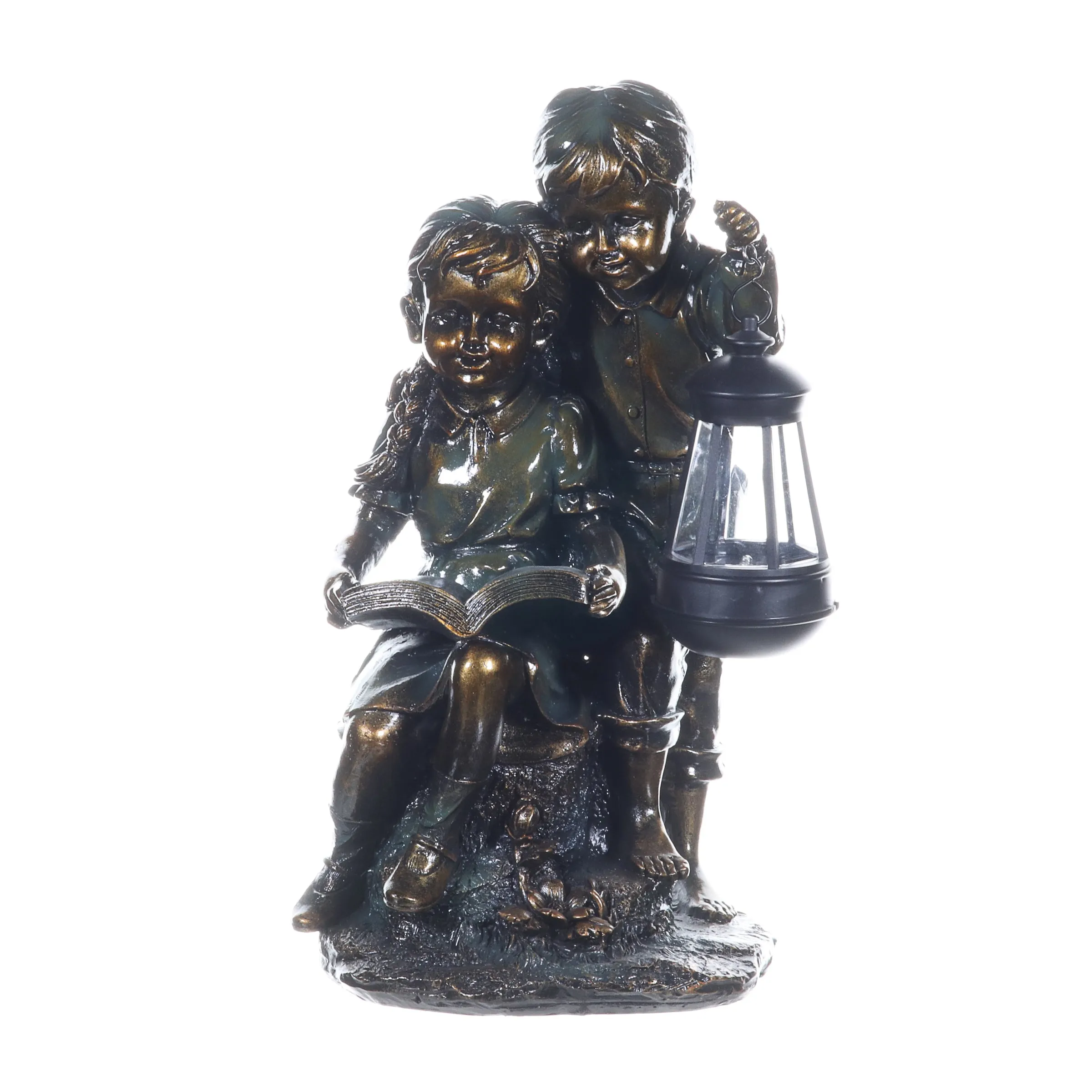 Solar Faux Bronze Boy and Girl Statue, 9 by 15 Inches