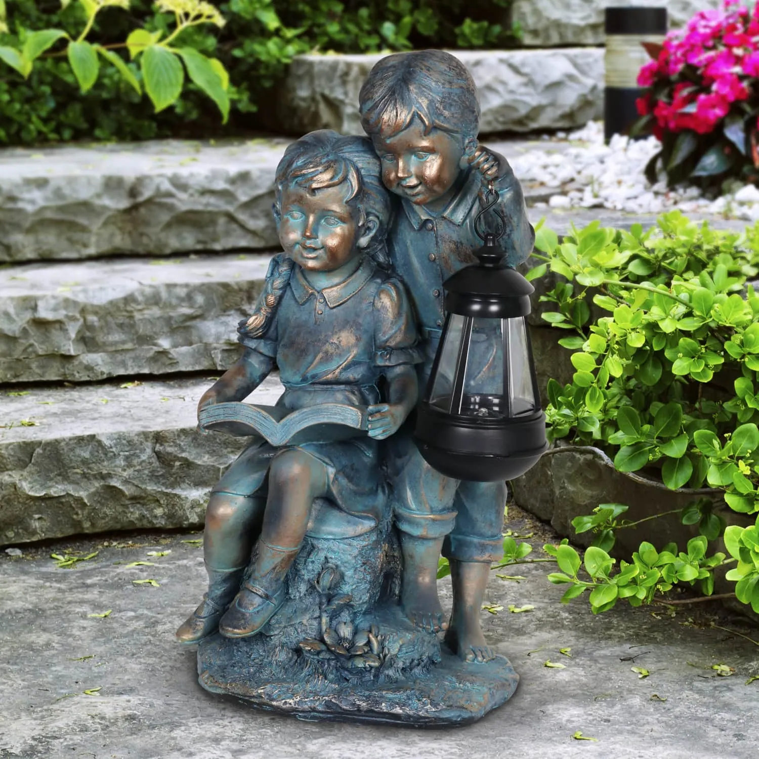 Solar Faux Bronze Boy and Girl Statue, 9 by 15 Inches