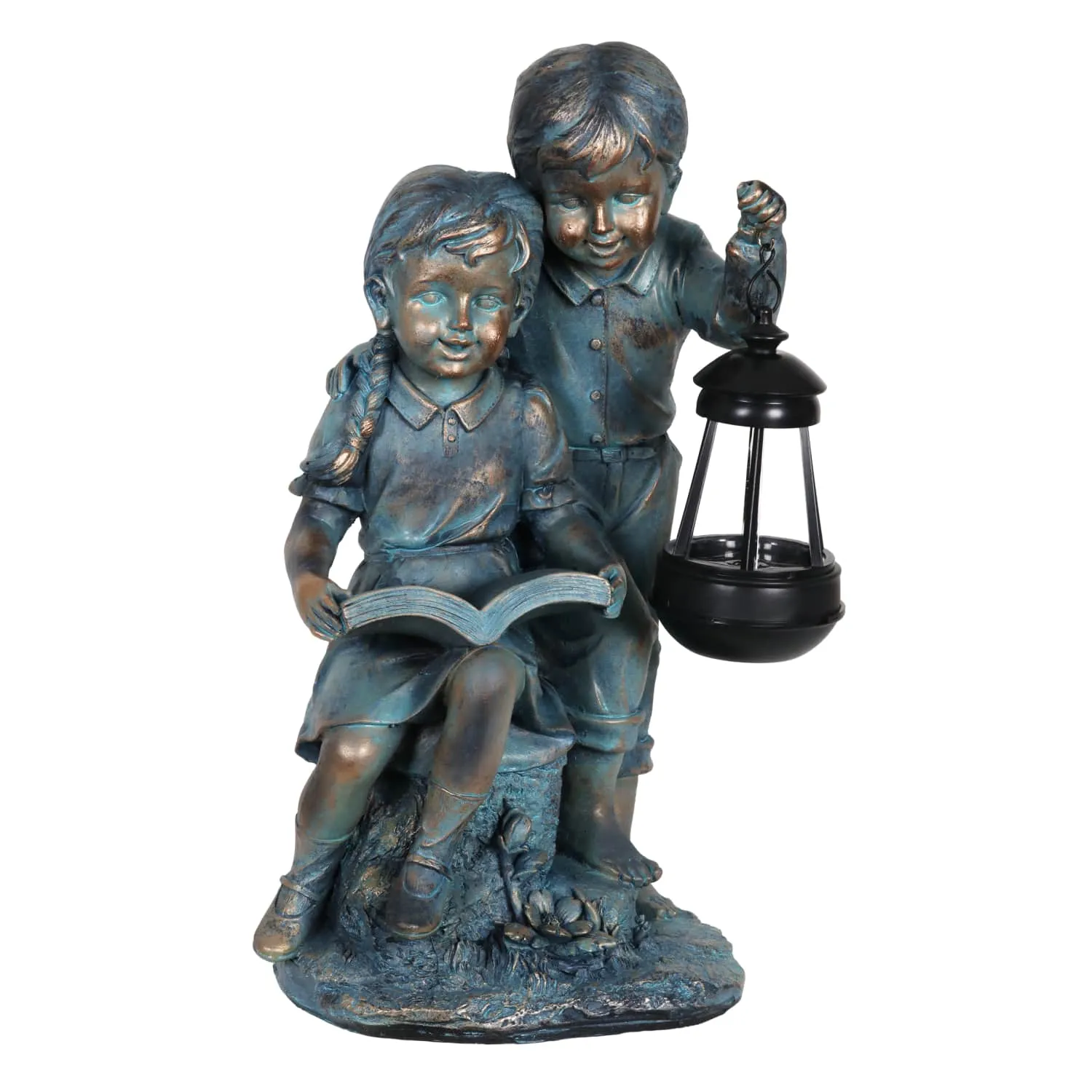 Solar Faux Bronze Boy and Girl Statue, 9 by 15 Inches