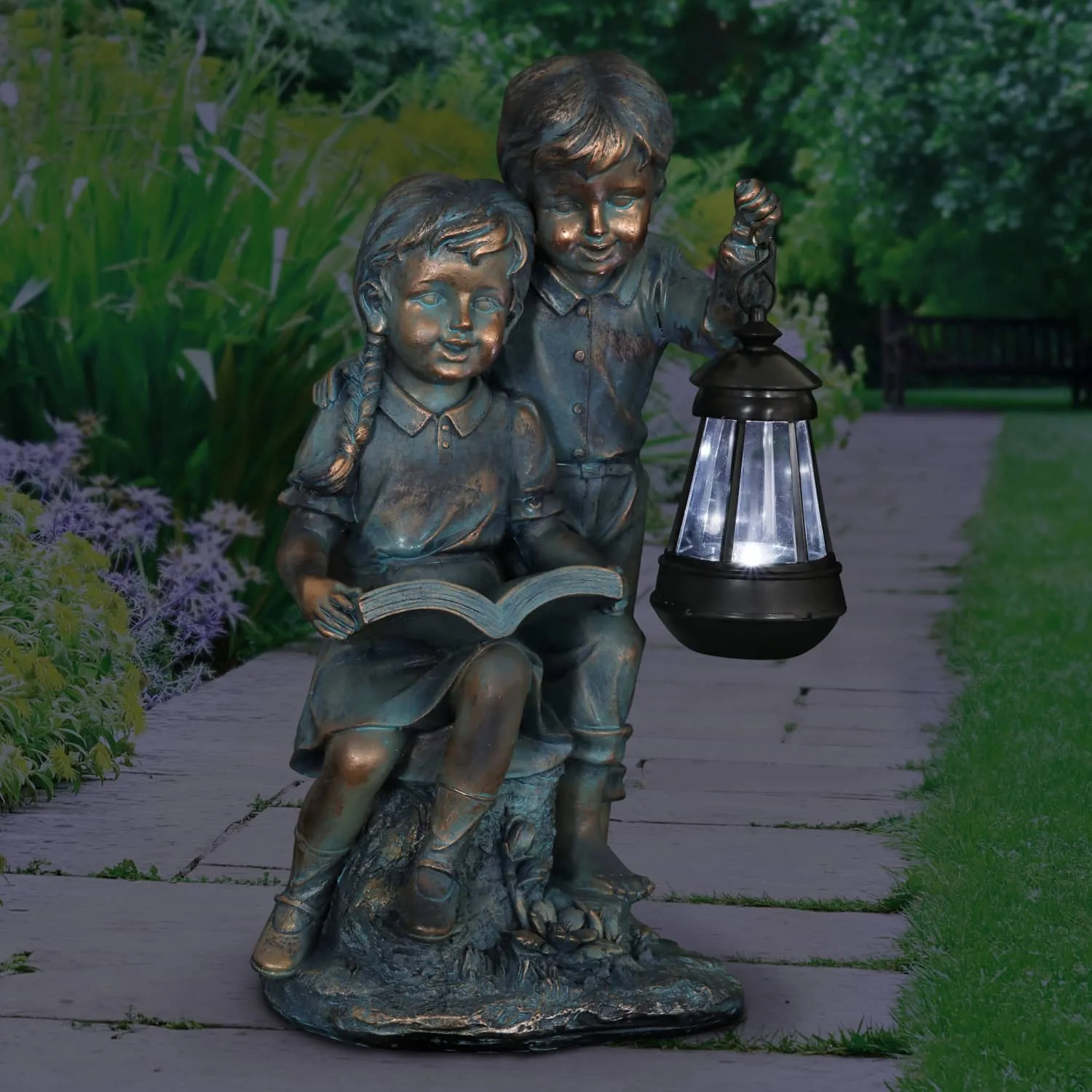 Solar Faux Bronze Boy and Girl Statue, 9 by 15 Inches