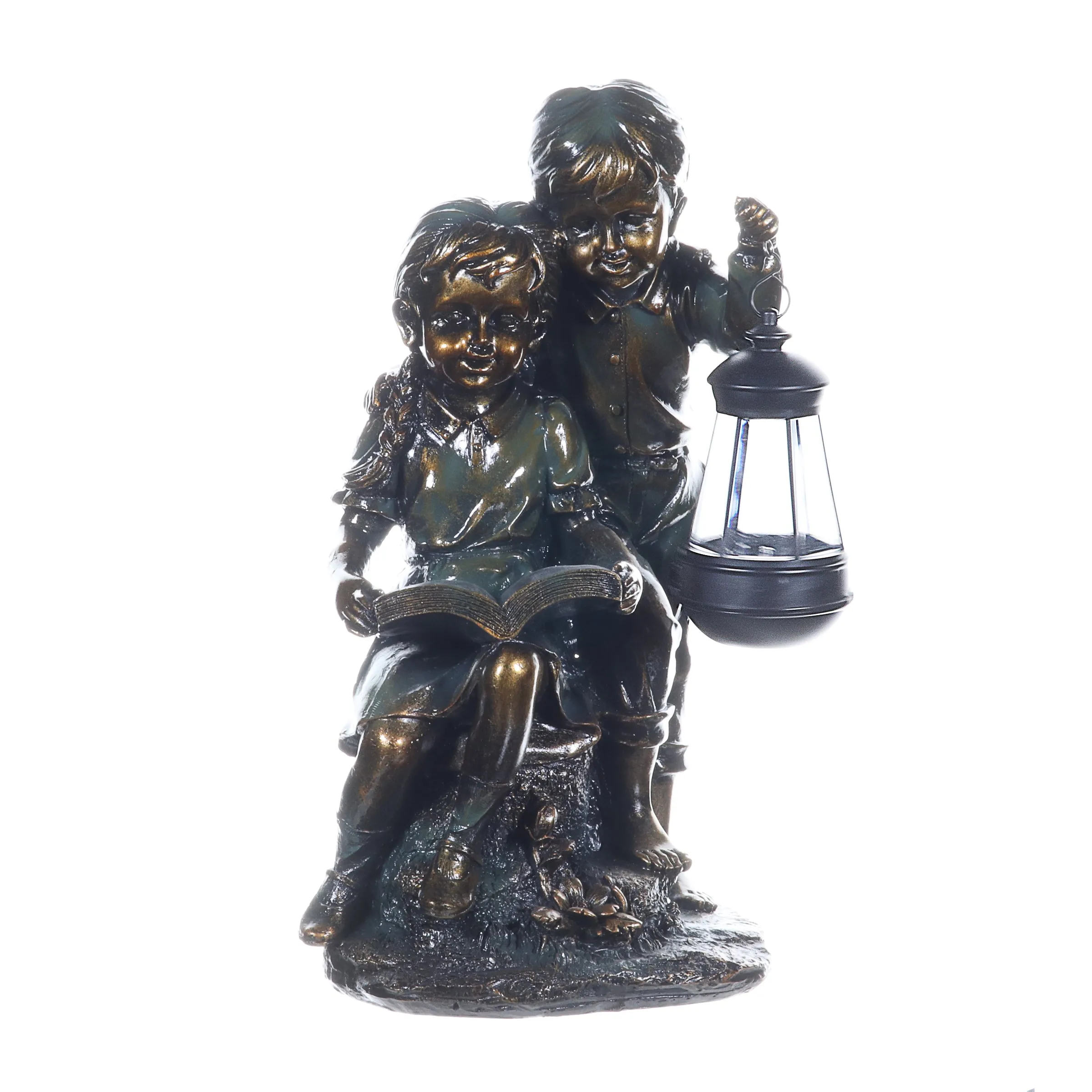 Solar Faux Bronze Boy and Girl Statue, 9 by 15 Inches