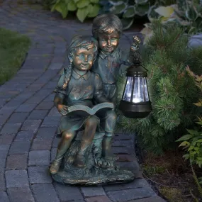 Solar Faux Bronze Boy and Girl Statue, 9 by 15 Inches