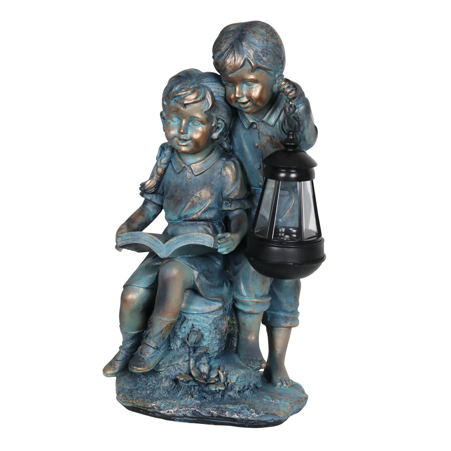 Solar Faux Bronze Boy and Girl Statue, 9 by 15 Inches