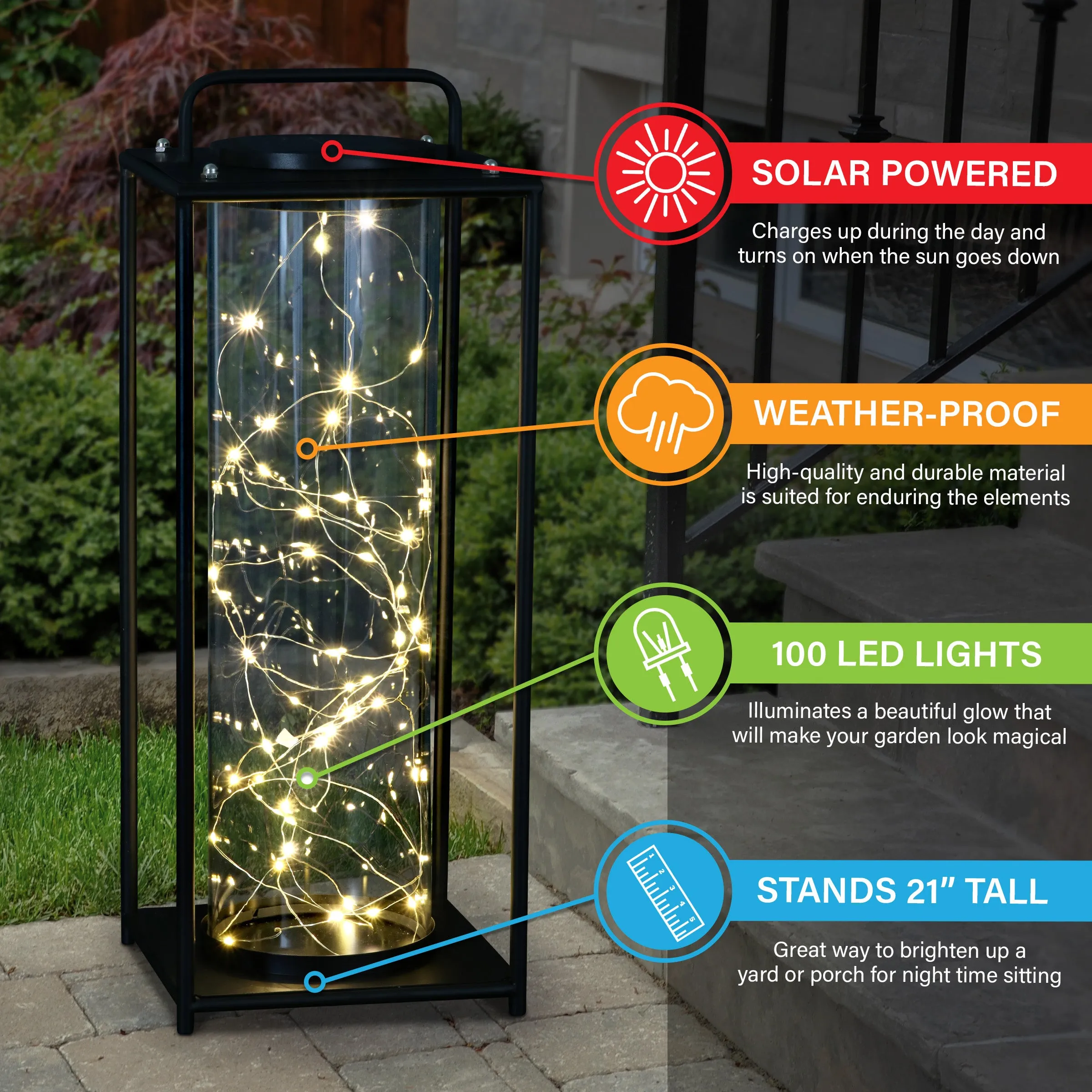 solar glass tube in square metal with 100 LEDs, 21 Inch