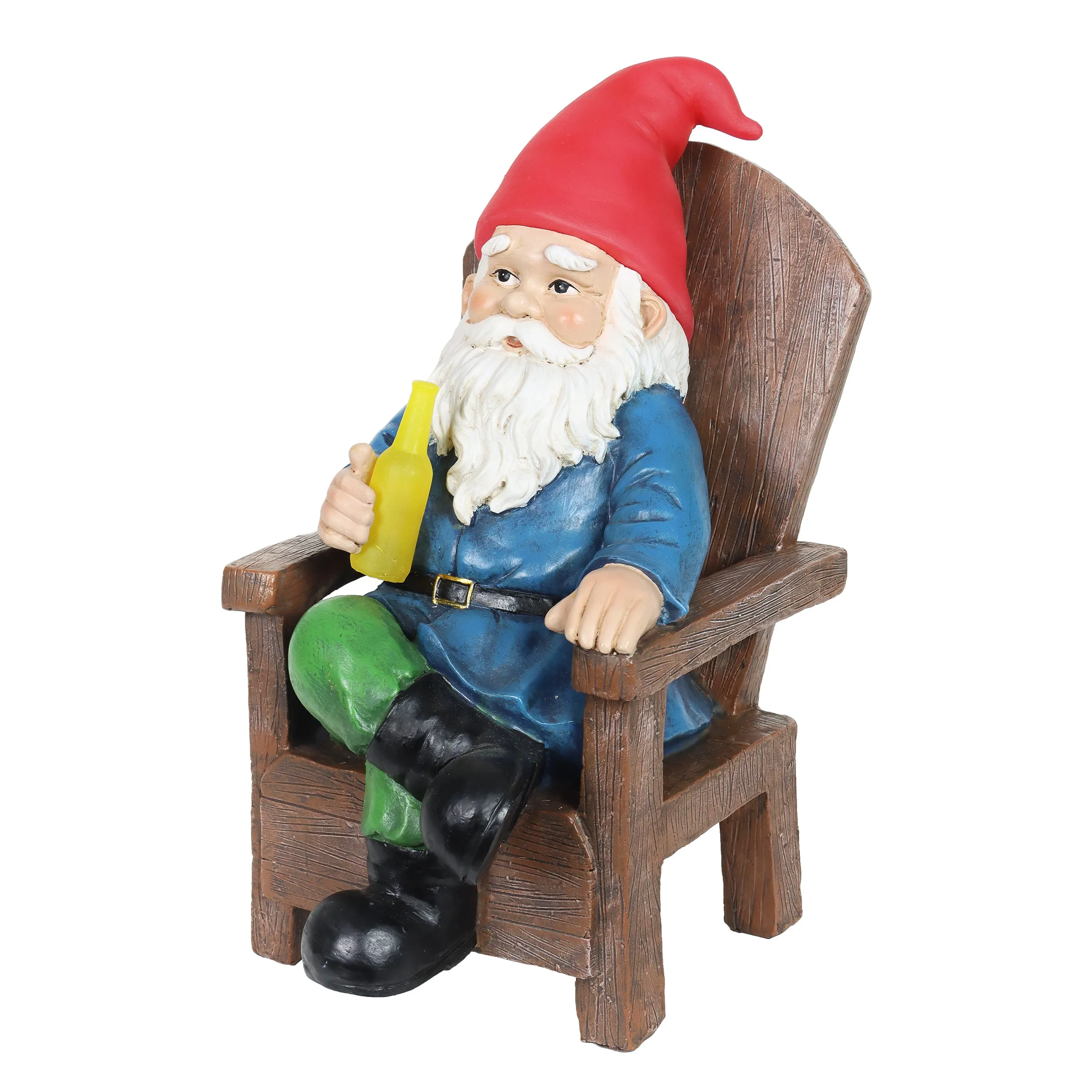 Solar Good Time Drinking Danny Gnome in Adirondack Chair Garden Statuary, 8.5 by 10.5 Inches