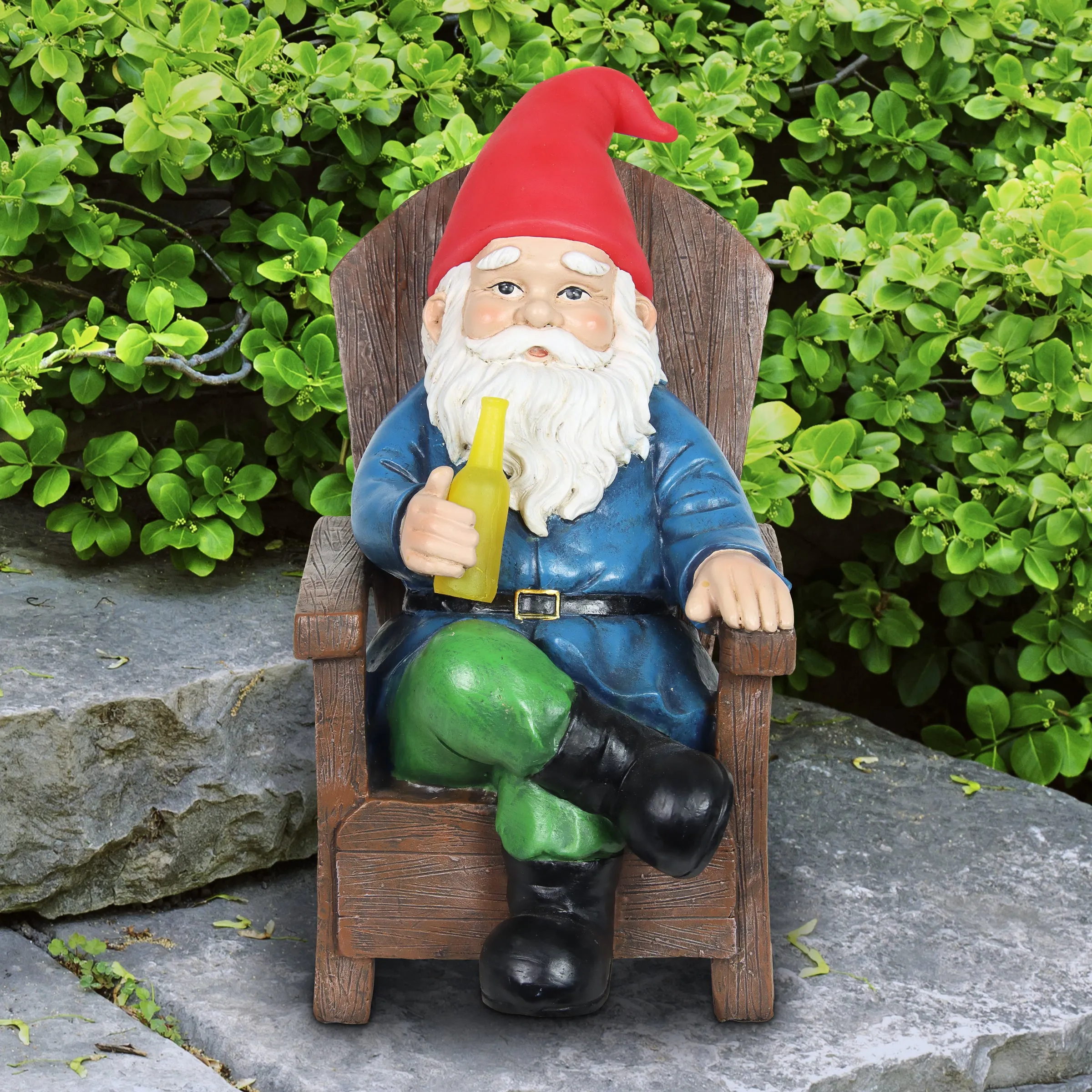 Solar Good Time Drinking Danny Gnome in Adirondack Chair Garden Statuary, 8.5 by 10.5 Inches