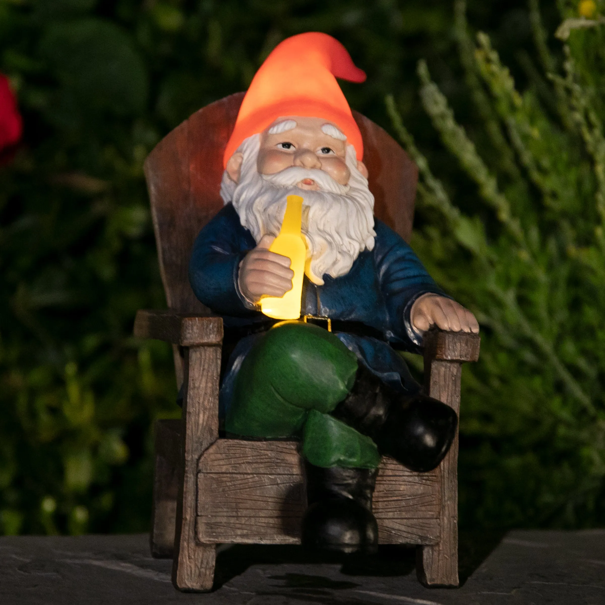 Solar Good Time Drinking Danny Gnome in Adirondack Chair Garden Statuary, 8.5 by 10.5 Inches