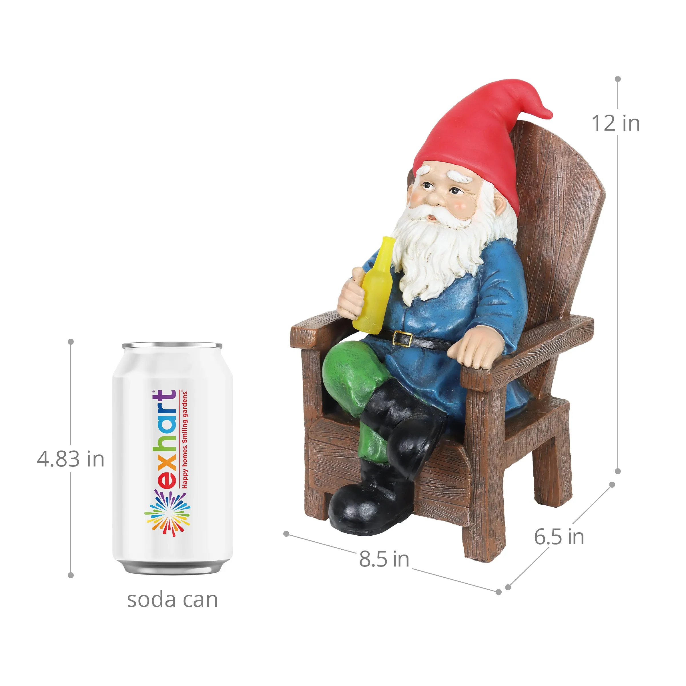 Solar Good Time Drinking Danny Gnome in Adirondack Chair Garden Statuary, 8.5 by 10.5 Inches