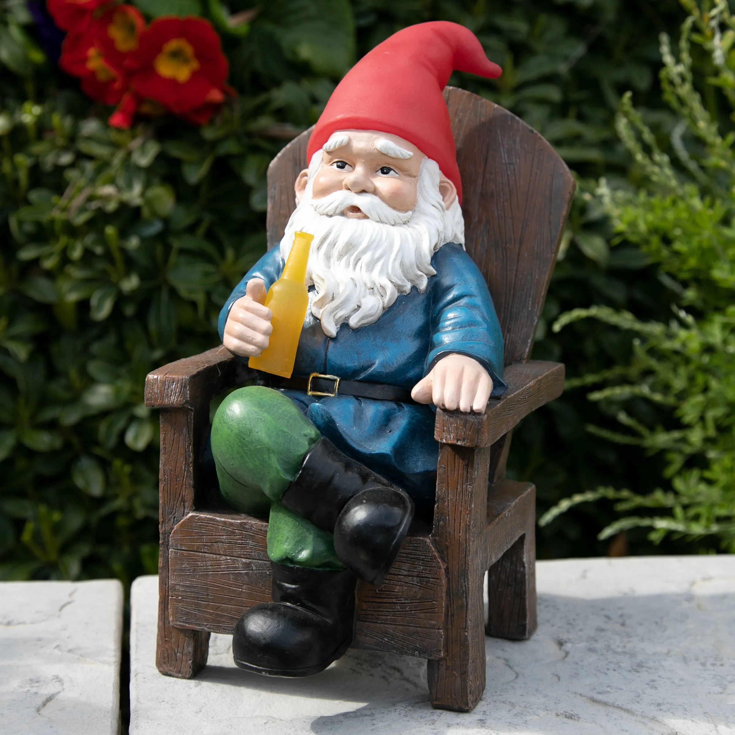 Solar Good Time Drinking Danny Gnome in Adirondack Chair Garden Statuary, 8.5 by 10.5 Inches