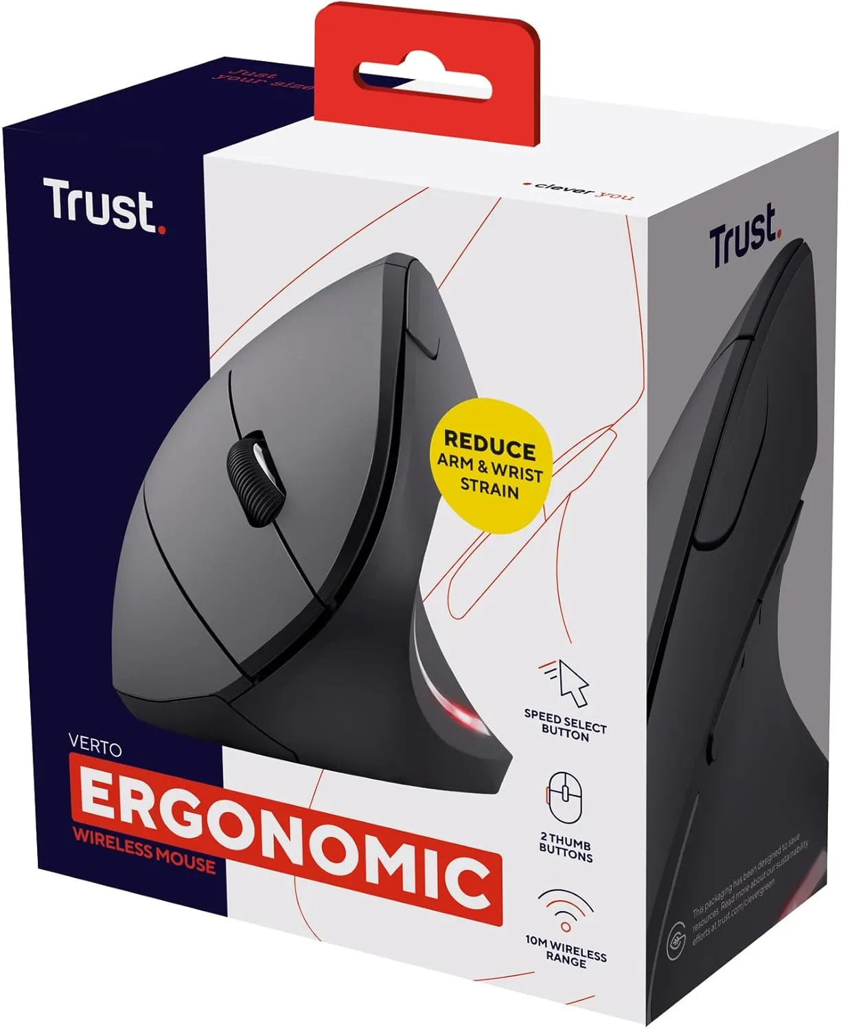 Trust Verto Wireless Ergonomic Mouse - Vertical, 800-1600 DPI, USB Receiver - Black