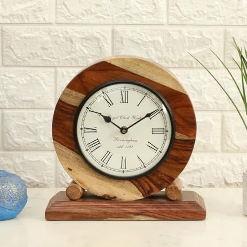 vedas Ezra Heritage Wooden Polished Table Clock with Dial Silent Non-Ticking Small Clock, 10 x 10 cm, Battery Operated, for Bedroom, Bedside, Desk