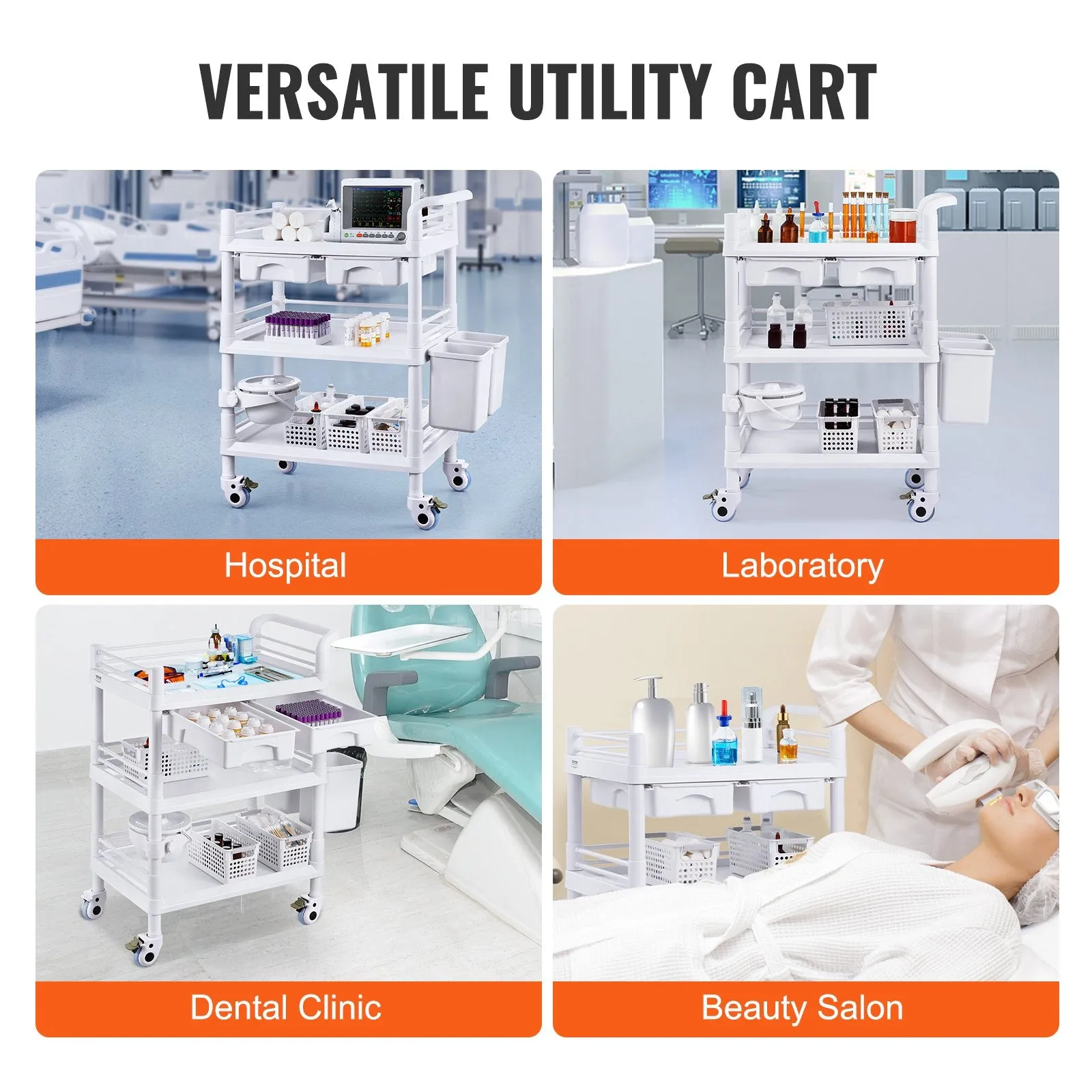 Vevor Lab Cart 3-Tier Mobile Medical Cart 110 Lbs Capacity with 3 Trays and Dual Drawers White New