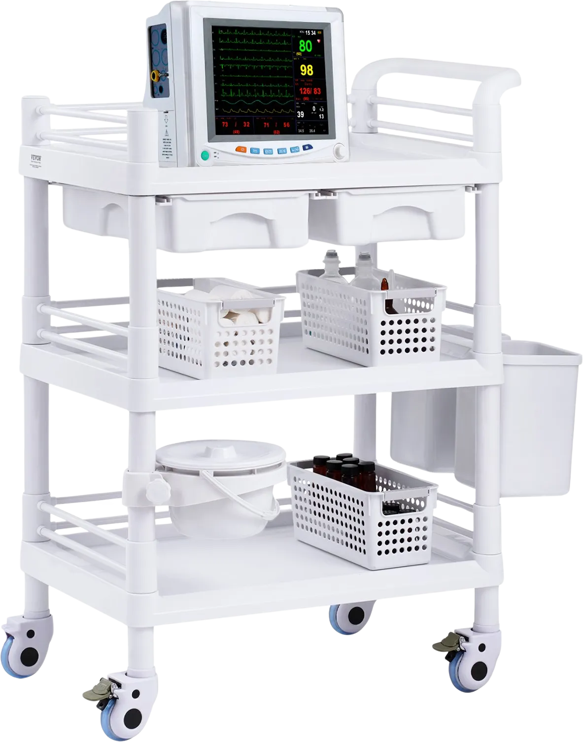 Vevor Lab Cart 3-Tier Mobile Medical Cart 110 Lbs Capacity with 3 Trays and Dual Drawers White New