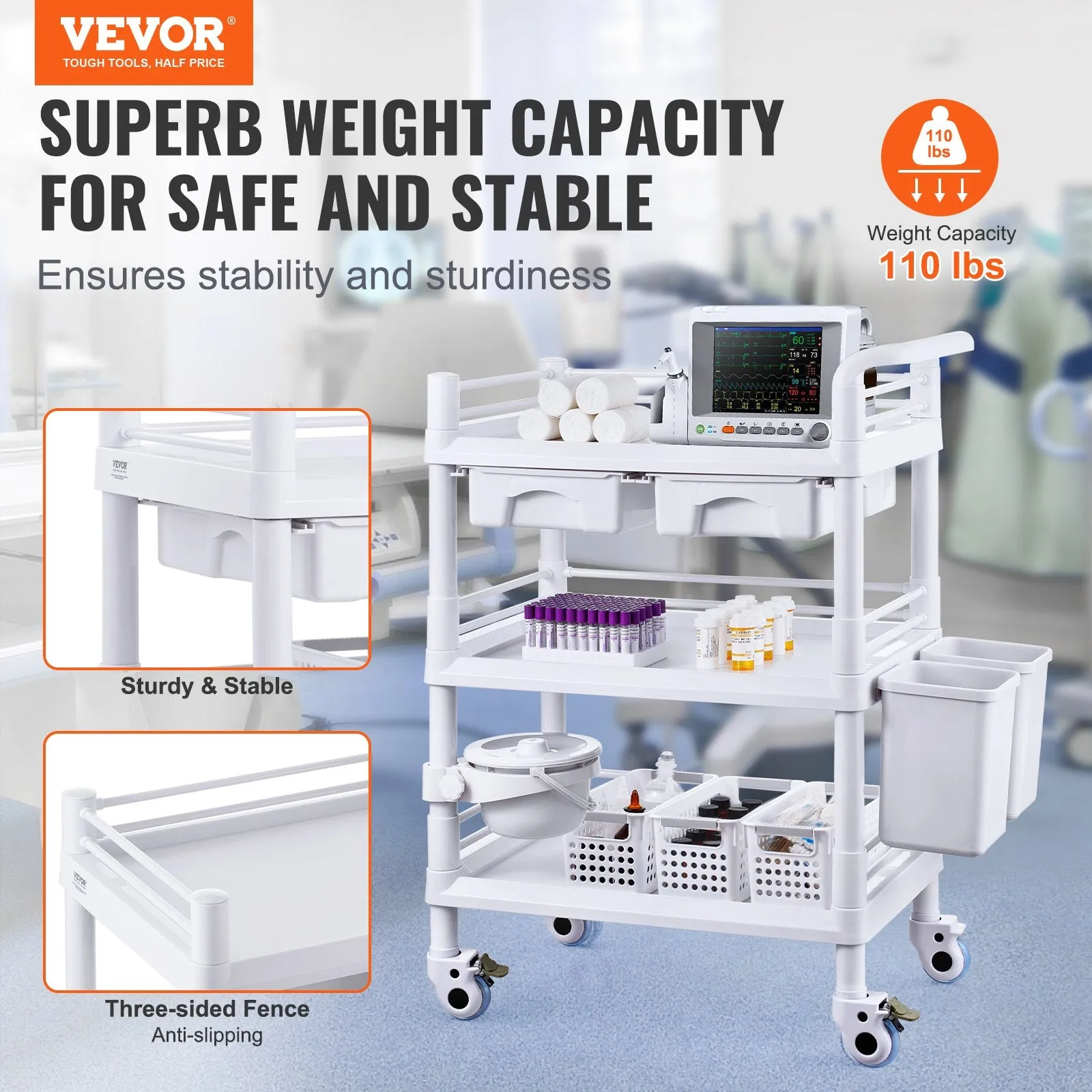 Vevor Lab Cart 3-Tier Mobile Medical Cart 110 Lbs Capacity with 3 Trays and Dual Drawers White New