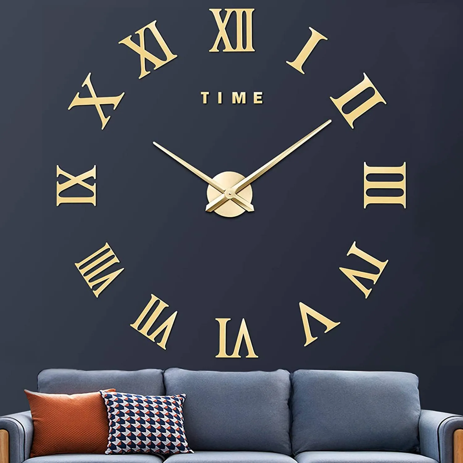 VREAONE Large 3D DIY Wall Clock, Giant Roman Numerals Clock Frameless Mirror Big Wall Clock Home Decoration for Living Room Bedroom (Gold)