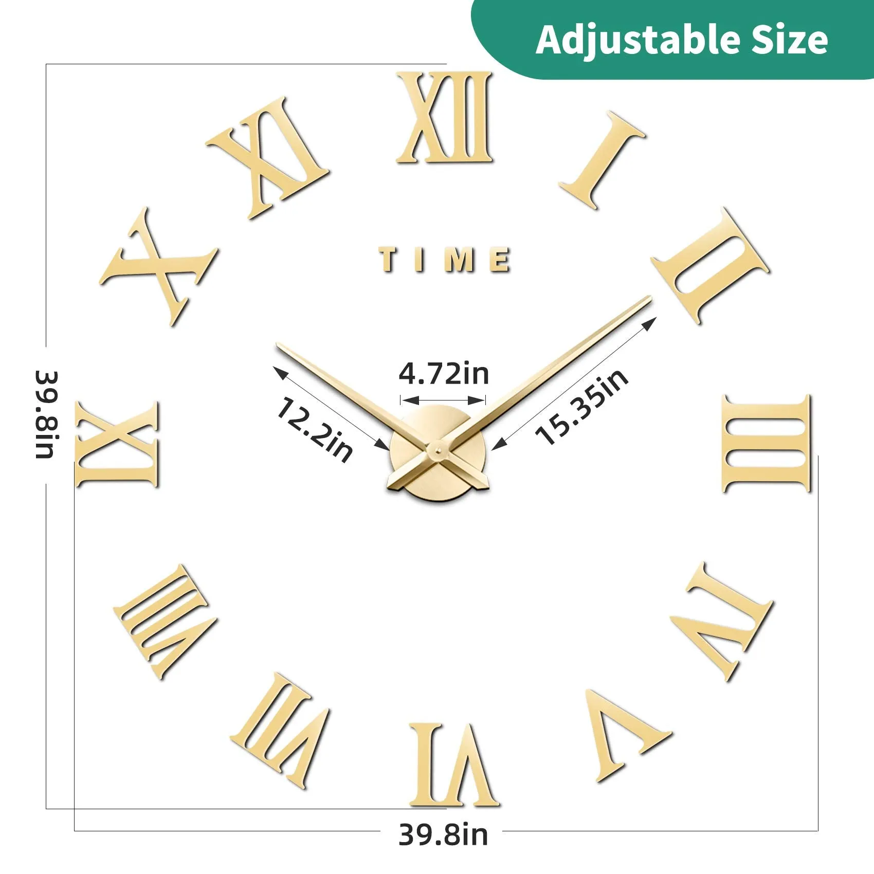 VREAONE Large 3D DIY Wall Clock, Giant Roman Numerals Clock Frameless Mirror Big Wall Clock Home Decoration for Living Room Bedroom (Gold)