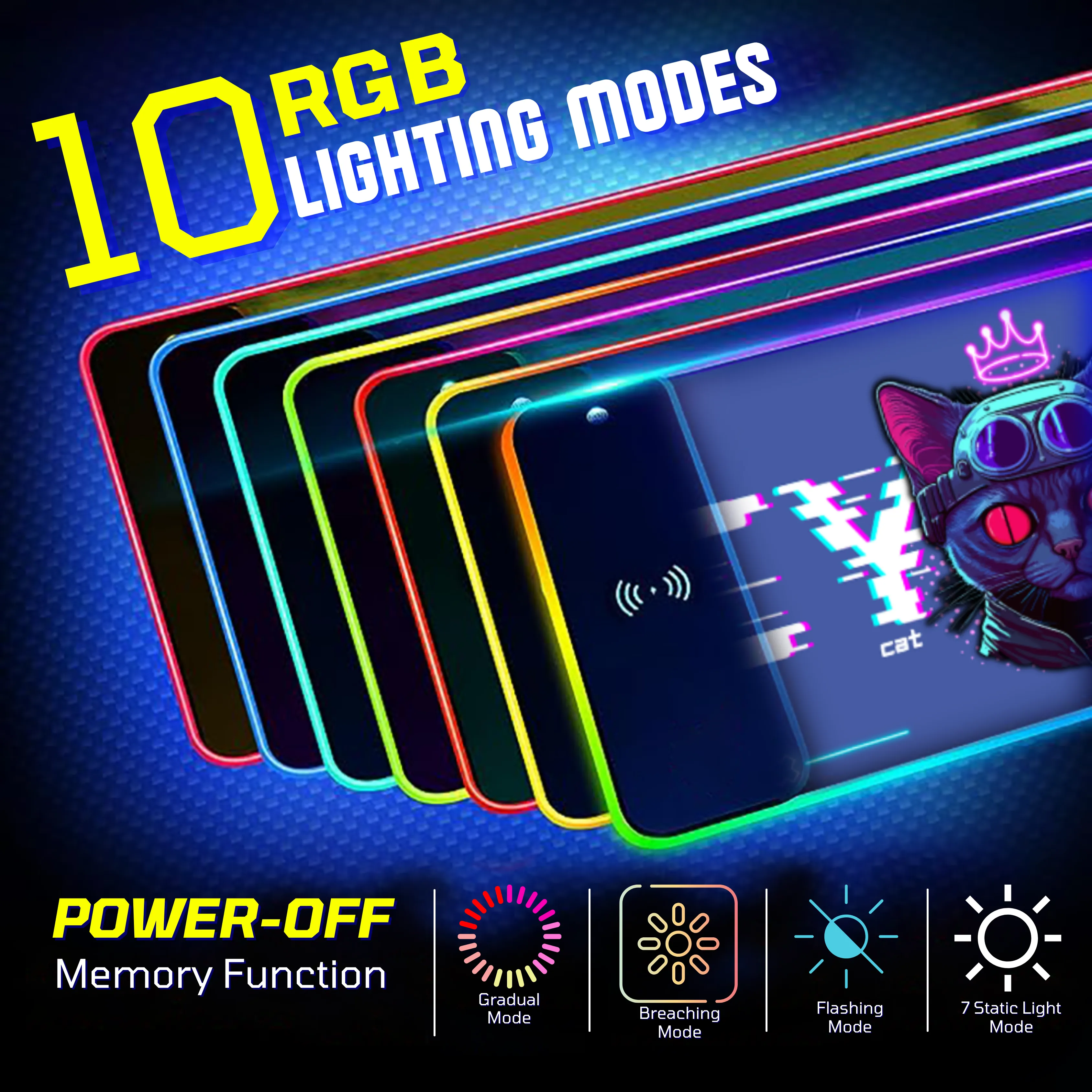 Wireless Charging Mouse Pad with RGB lighting | Waterproof | Oversized | Vibrant Prints | Cyber Cat